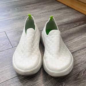 Oofos white checker slip ons